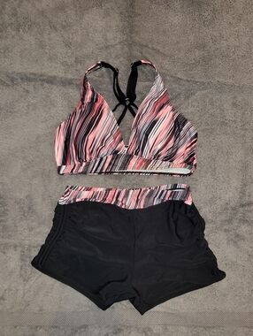 Striped Pink & Black Two-Piece Swim Set